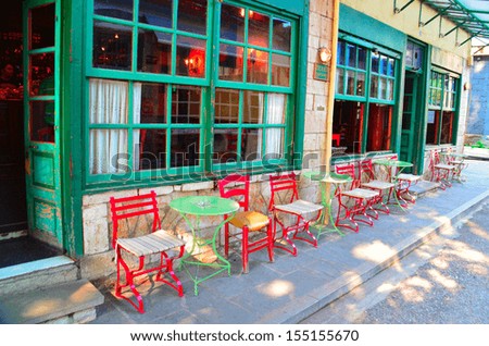 traditional cafe in Ioannina Greece chairs outside colors summer