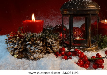 xmas card - red candle  pine snow -  for christmas background or card