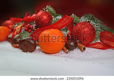 mandarin cinnamon chestnut ribbon firs  snow - christmas background - xmas card winter