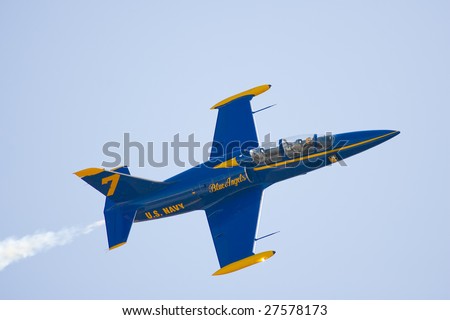 PUNTA GORDA, FLORIDA - MAR 21: A privately owned French jet painted to resemble the blue angels does a flyby during the Florida International Airshow on March 21-22, 2009