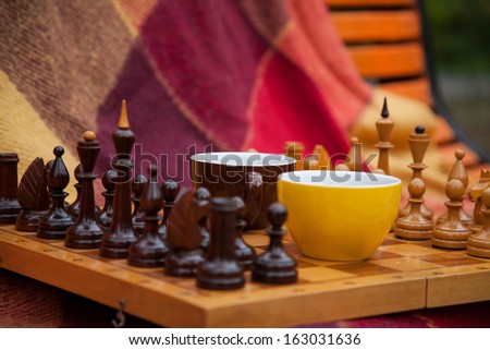 Chess pieces. Chess king, queen, pawn. Play chess in the park in two. Drinking tea for a game. Autumn time enjoying the outdoors. Chess background blanket and a bench outdoors. Two cups of tea.