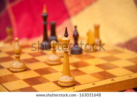 Chess pieces on the game board. Chess king, queen, pawn. Apple. The game of chess. Autumn. Park. Autumn time enjoying the outdoors. Autumn day. Play chess in the park. Blanket and a bench outdoors.