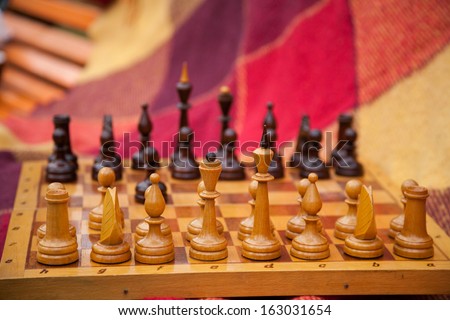 Chess pieces on the game board. Chess king, queen, pawn. Apple. The game of chess. Autumn. Park. Autumn time enjoying the outdoors. Autumn day. Play chess in the park. Blanket and a bench outdoors.