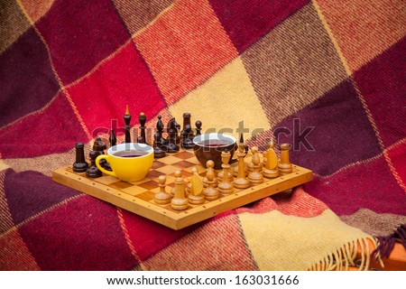 Chess pieces. Chess king, queen, pawn. Play chess in the park in two. Drinking tea for a game. Autumn day enjoying the outdoors. Chess background blanket and a bench outdoors. Two colored cup of tea.
