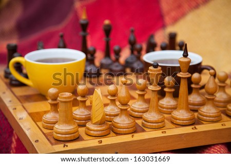 Chess pieces. Chess king, queen, pawn. Play chess in the park in two. Drinking tea for a game. Autumn day enjoying the outdoors. Chess background blanket and a bench outdoors. Two colored cup of tea.