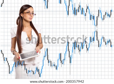 Business lady standing against the background of the graph dynamics of prices or exchange rates. Woman meditates on a graph and shows stock quotes and trading. Businesswoman holding electronic tablet.