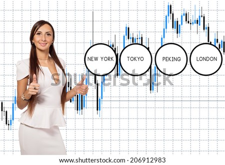 Business woman on the background of the financial schedule. Advertising concept for an insurance company or bank. Information picture for presentation of the financial market. Capital stock trades.