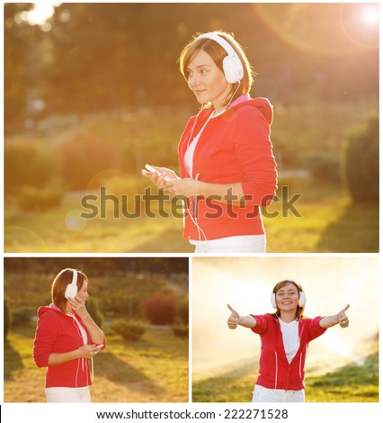 Woman lit by the rays of the evening sun at sunset. Good mood, favorite music, happy time, autumn. Ok. Woman with headphones listening to music on her head. Woman on the nature of urban clothing.