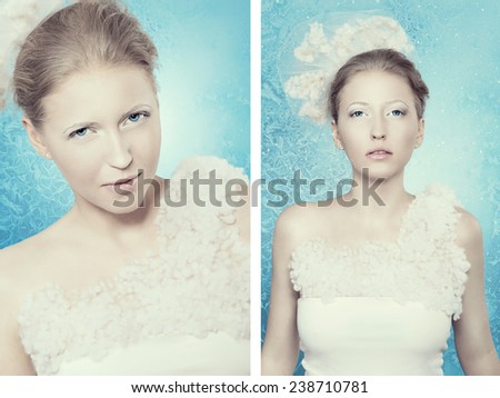 Snow Queen, creative portrait. Winter Woman. Beautiful snow queen with a christmas decoration. Creative person with a frozen up, with porcelain skin showing fashionable. Frost and Ice Queen.