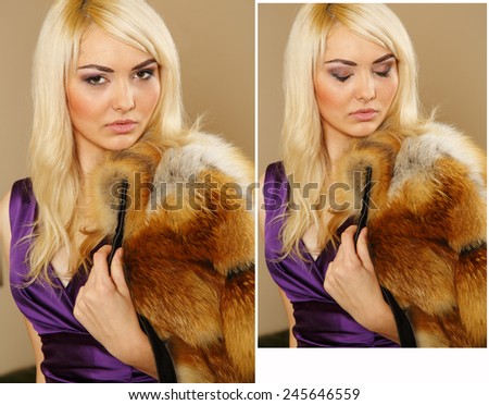 Blonde woman wearing a fur coat. Coat of fox fur wearing a beautiful woman. Red fur. Girl showing makeup on her face. Concept for advertising winter clothing. Beautiful luxury winter woman in fur coat
