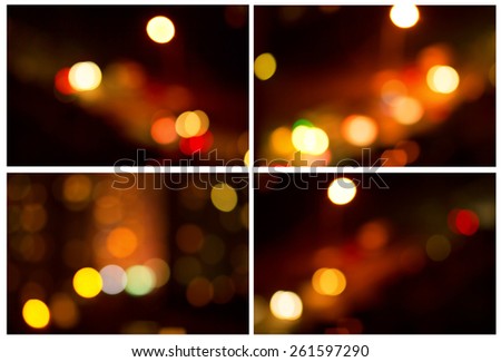 Blurred light night lighting of the city. Collection bokeh night city. Blurred images overlooking bokeh as colored circles of light in the night background. Bright colors of the night city.