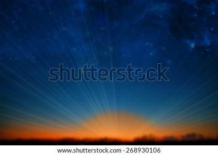 Blur panorama last rays sunsets, starry sky at night. Abstract sunset with de focused lights. Colorful sunset with long exposure effect, motion. No focused colorful sunset background, abstract nature.