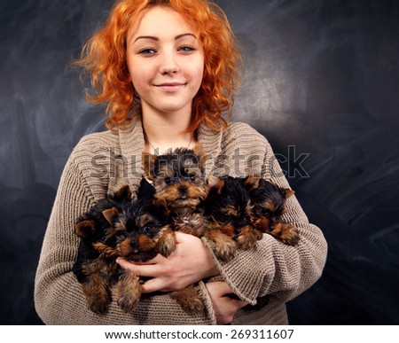 Joyfulness woman. Woman with an emotion of surprise on his face holding a puppies Yorkshire terrier. Many young puppies. Red hair girl on a dark background and a lot of little puppies in her hands.