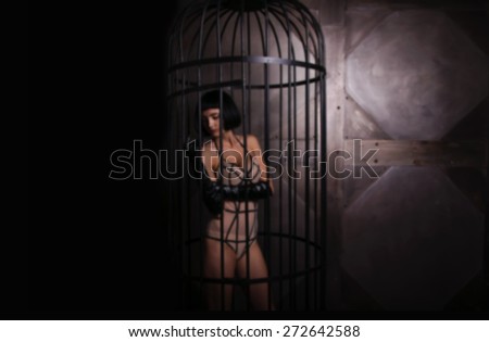 Blurred image of a woman in the background for a steel cage. The woman inside the iron cage. Model is wearing a sexy dress posing in a steel cage.