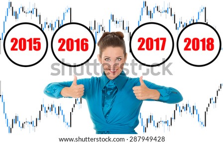 Business woman background financial charts with dynamic growth rates for years. Woman showing thumbs up. Business and financial success. Schedule earnings and revenue for years 2015, 2016, 2017, 2018