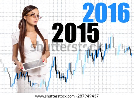 Business woman on background financial charts with dynamic growth rates for years. Business and financial success in future years. Schedule earnings and revenue for years 2015, 2016