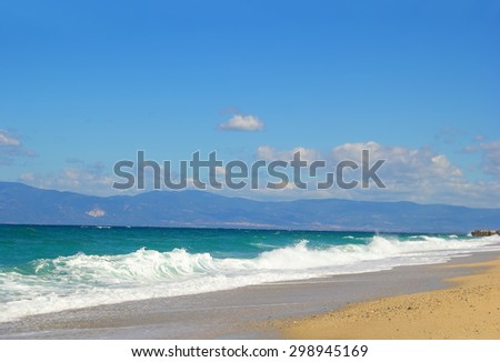 Background concept sky, sea, ocean, beach, wind, waves. Place for text. Image advertising for holiday travel on the sea or the resort. Blurred background image for ads about tourism, trip, rest, relax