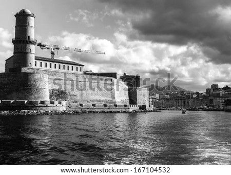 view of the city from the sea, Fort Saint Jean in Marseille