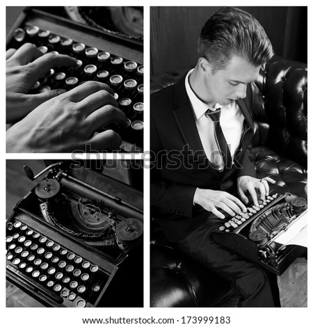 Young writer prints on retro typewriter. Collage.