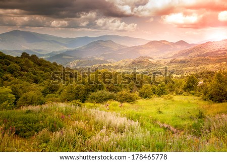 bright sunset in the mountains, sunset  landscape