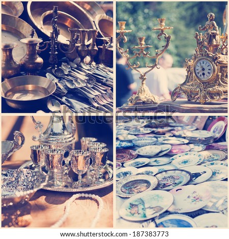 Antiques and vintage crockery at a flea market. Collage, instagram effect