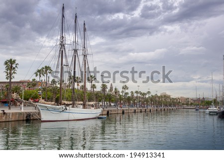 BARCELONA, SPAIN - MAY 22, 2014, Coastal zone and the port, caravel, Ronda del Litoral