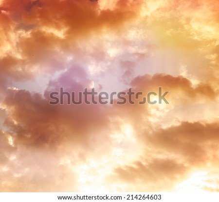 orange sky, clouds and sun behind the clouds, sun, sunrise and sunset, instagram effect