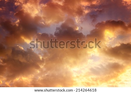orange sky, clouds and sun behind the clouds, sun, sunrise and sunset, instagram effect