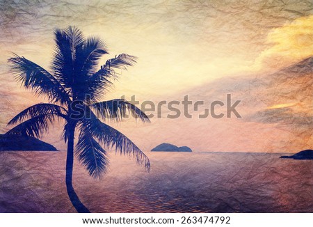 silhouette of palm tree at sunset and sea landscape.  Image with the old grange paper texture, retro background.
