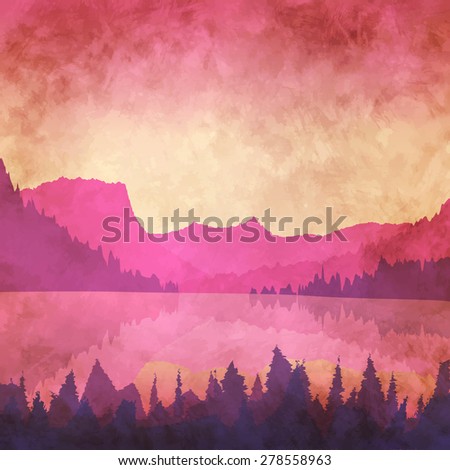 Vector illustration. Landscape with a mountain lake at sunset. Retro effect.