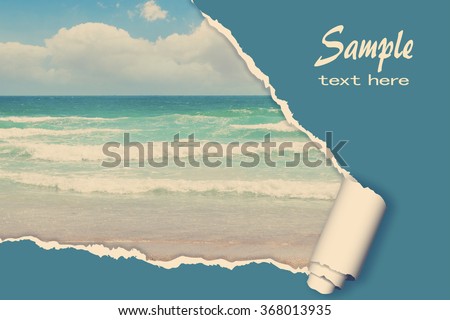 Background with photo from vacation on beautiful a seaside with effect of ripped paper. Design, advertising, concept