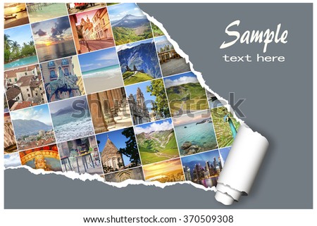 Background with many  photos from vacation on beautiful a seaside with effect ofripped paper. Design, advertising, concept