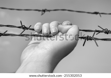 hand taking barbwire in the prison  with sky in background