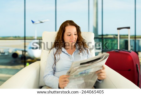 woman commenting economy news in vip zone aiport