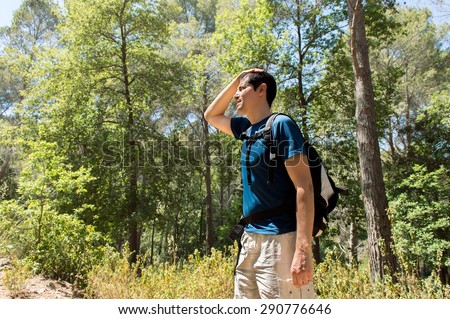 Dehydration thirst heat stroke exhaustion concept with man hiker tired