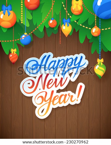 Happy New Year Holiday Background. New Year Card. Vector illustration with Christmas Tree and Toys
