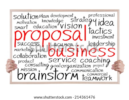proposal business and other related words handwritten on whiteboard with hands