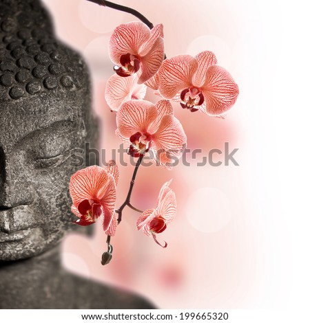 Stone Buddha face and red orchid flower close up