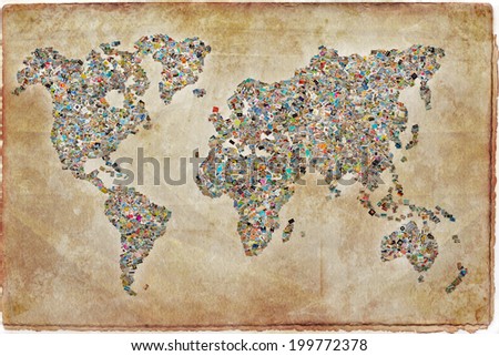 Photos collage in the shape of a world map, vintage background