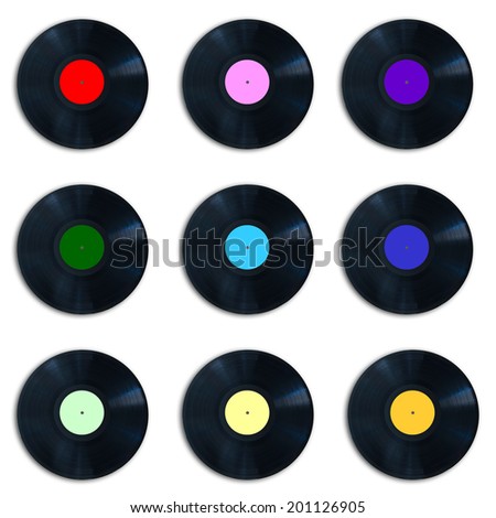 Colorful vinyl records collection, isolated on white background
