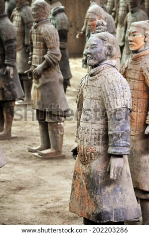 XI\'AN, SHAANXI/CHINA - OCTOBER 10: Close up of a warrior of the Terracotta Army, a collection of sculptures depicting the armies of the first Emperor of China, on October 10, 2009 in Xi\'an, China.