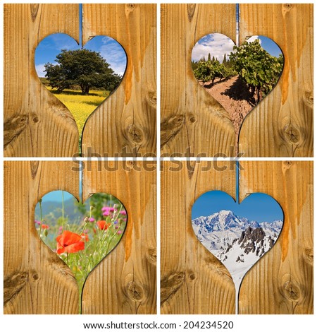 Four seasons collage concept with wooden hearts