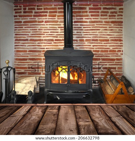 Rustic planks, wood burning stove in the background