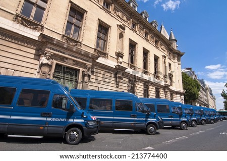 Range of police trucks, quai des Orfevres, Paris France