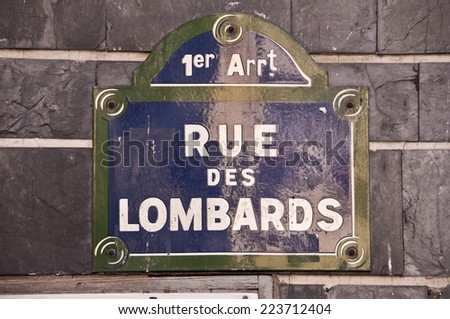 Paris classic blue street sign rue des Lombards