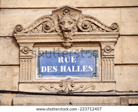 Paris classic blue street sign rue des Halles