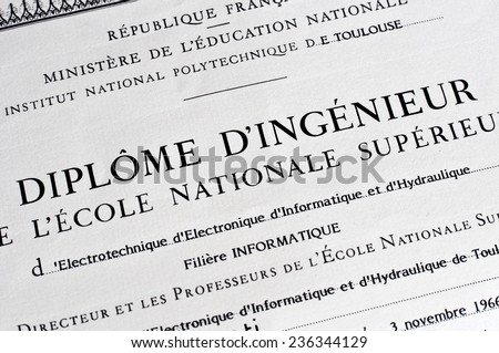 Detail of french anonymous engineer diploma (Diplome d\'ingenieur = Engineer diploma)