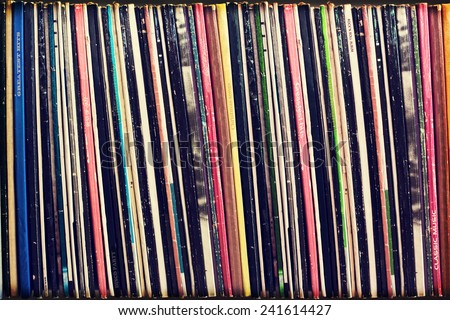 Collection of vinyl records covers (dummy titles) background, vintage process