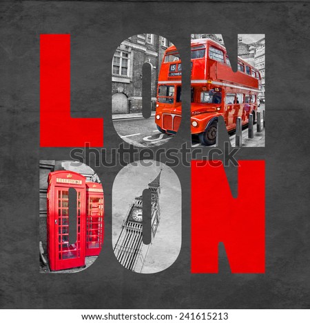 London letters with images on textured black background, selective color red