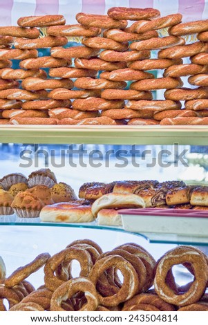 Turkish traditional sesame bagels in a street shop, Istanbul